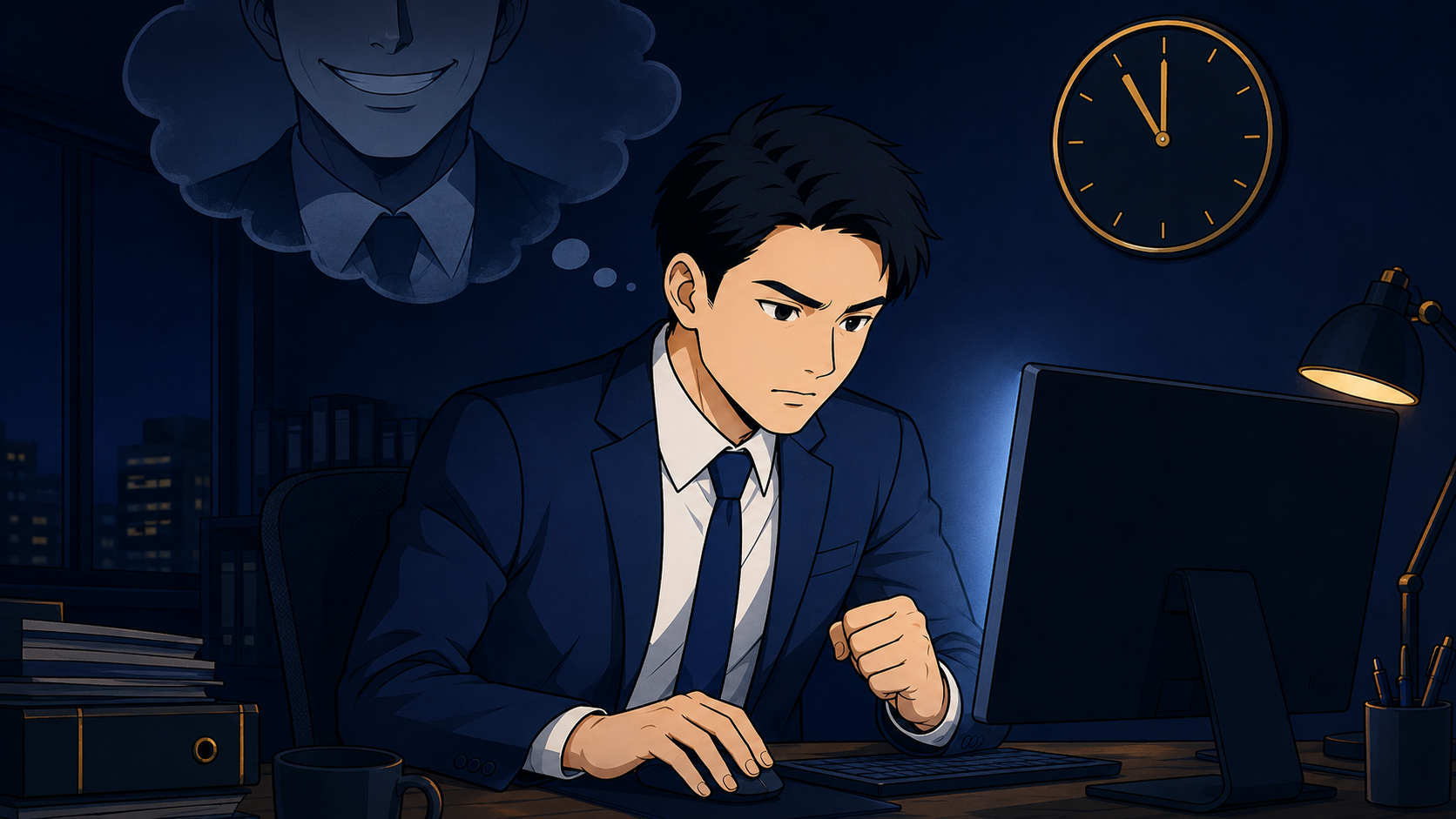 サービス残業の証拠を集め、酷い上司を見返す決心をしている男性のイラスト