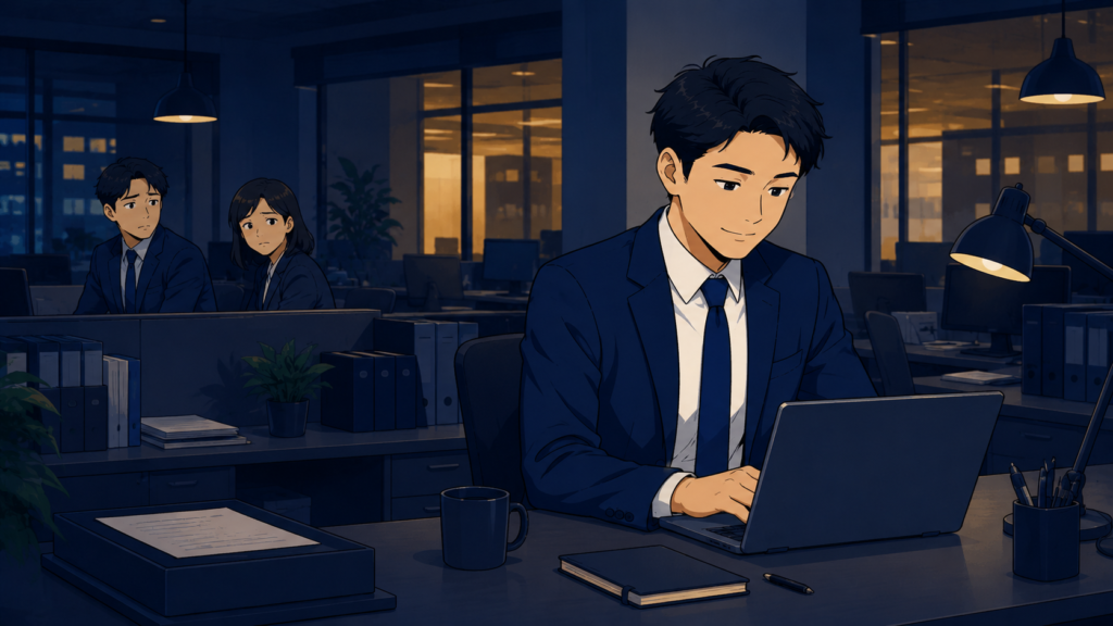 周囲の反応に気づかないまま働く男性会社員と困った様子の同僚たちのイラスト