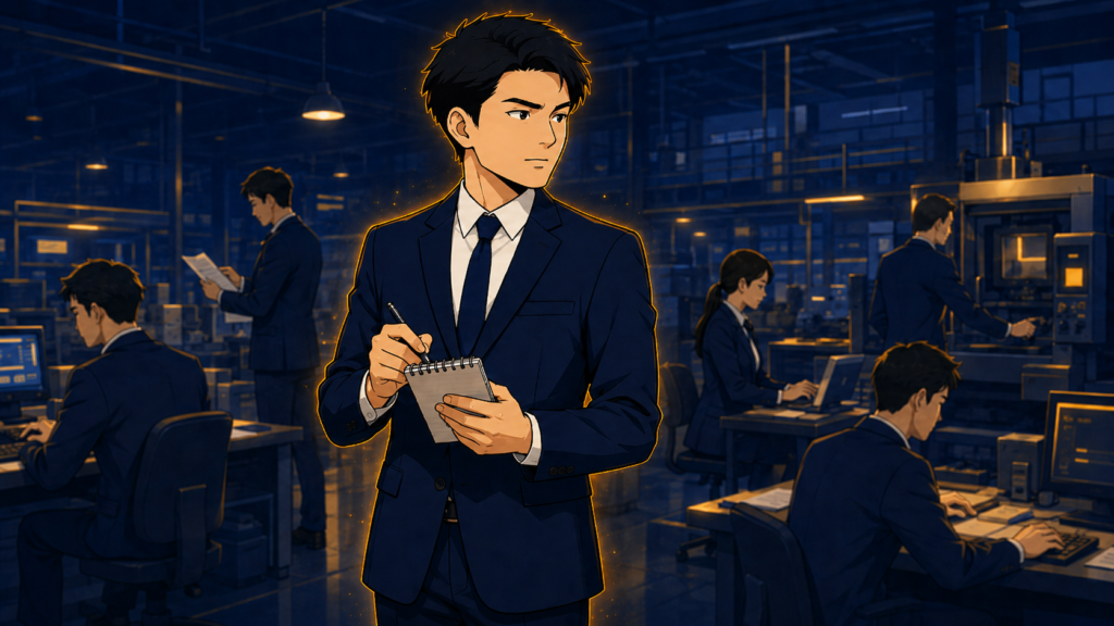 スーツを着た人物が職場で周囲の同僚の仕事を観察・メモしている場面