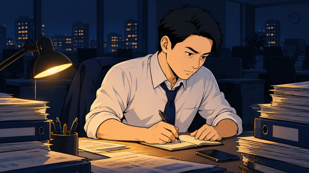 深夜の誰もいないオフィスで、書類の山に囲まれながらノートに記録をつける社員。ダメな社長の下で自分を守る準備をするイラスト。