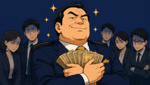 大量の札束を持つ得意げな社長と、冷めた目で見つめる社員たち。ダメな社長の特徴を象徴するイラスト。
