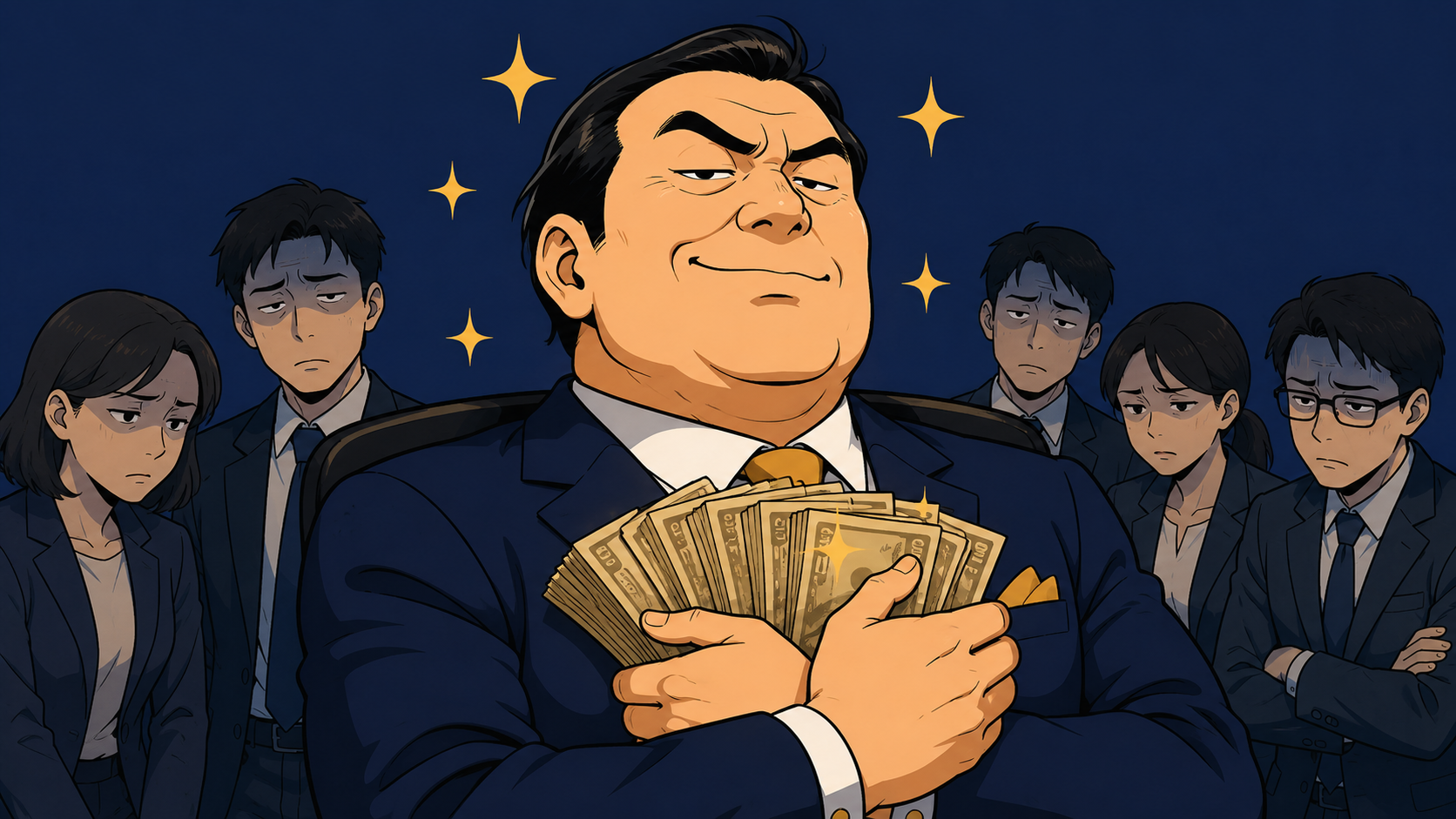 大量の札束を持つ得意げな社長と、冷めた目で見つめる社員たち。ダメな社長の特徴を象徴するイラスト。