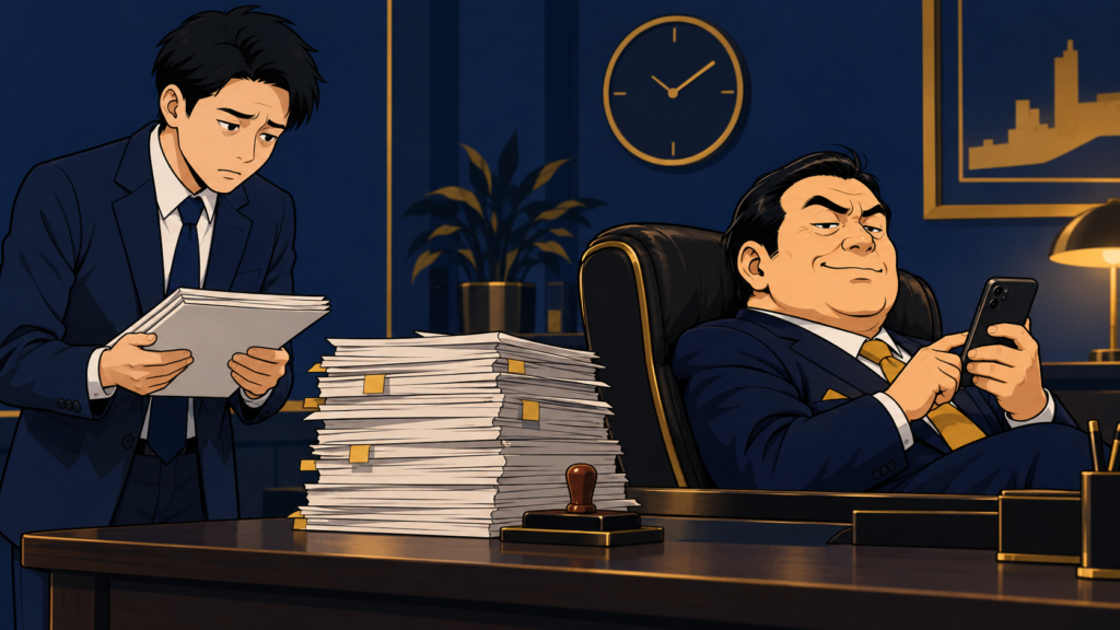 書類を抱えて社長の決裁を待つ社員と、椅子を背けてスマホを見る社長。決裁待ちで仕事が止まる職場のイラスト。