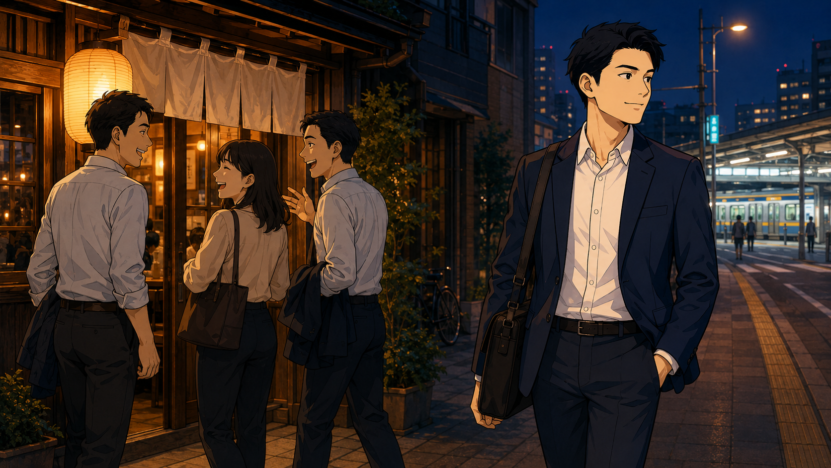 飲み会の誘いを断り、笑顔で駅へ向かう男性のイラスト
