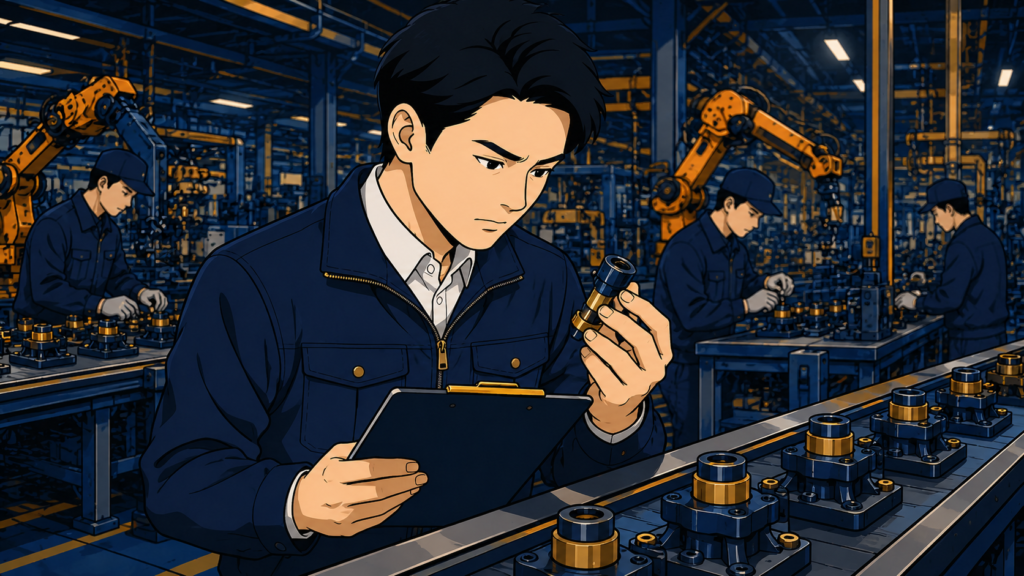 中国の工場で生産現場を監査する作業服姿の男性。工作機械と作業者が並ぶ製造現場で品質を確認している様子