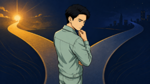 男性が2つの選択肢で悩んでいる様子