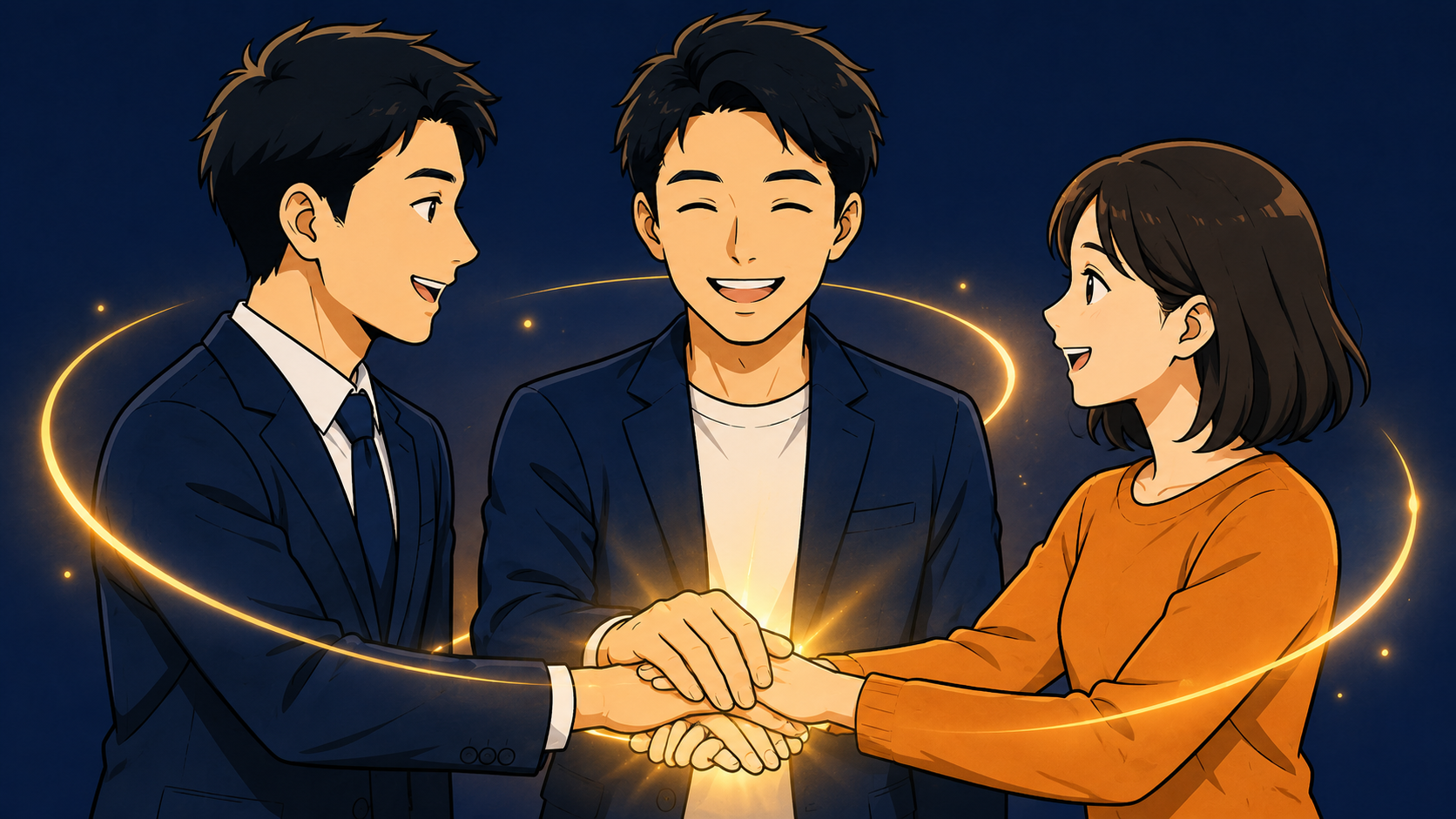 2人の男性と1人の女性が手を取り合って互いに感謝している様子