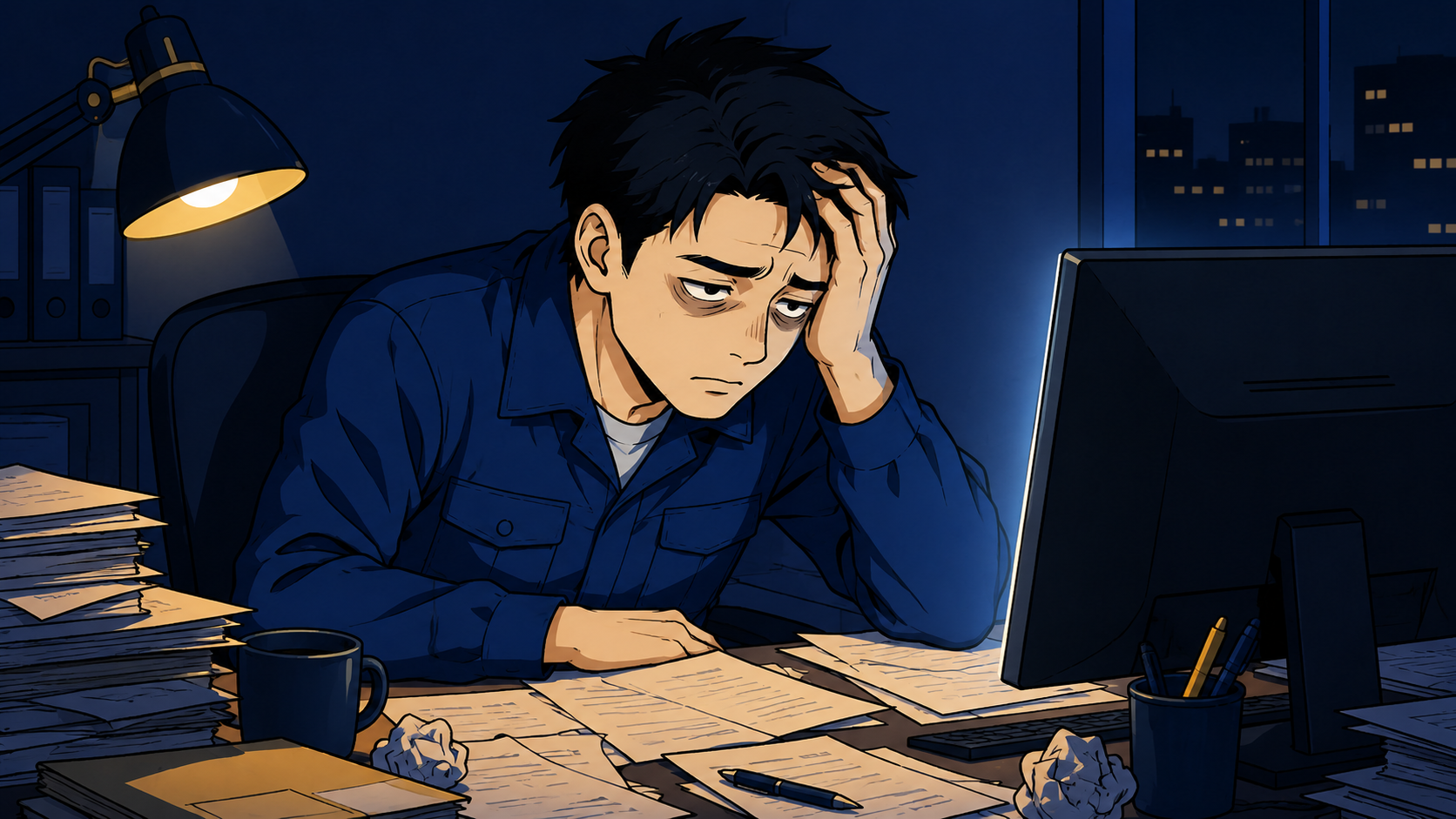 夜遅くまで一人でPC作業を続ける、疲労困憊した製造業の男性社員のイラスト