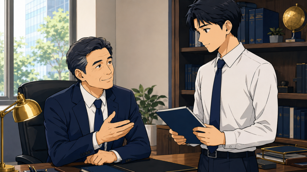 忙しい中でも部下の相談に時間を取り、目線を合わせて優しく指導する尊敬できる上司のイラスト
