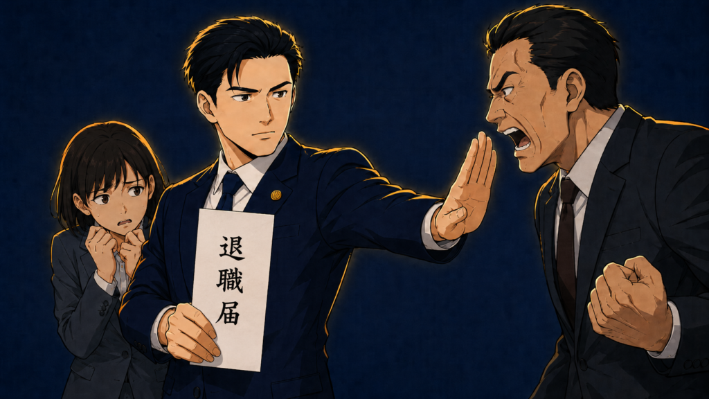 弁護士法人ガイアの退職代行を象徴する、パワハラ社長から社員を守る弁護士のイラスト