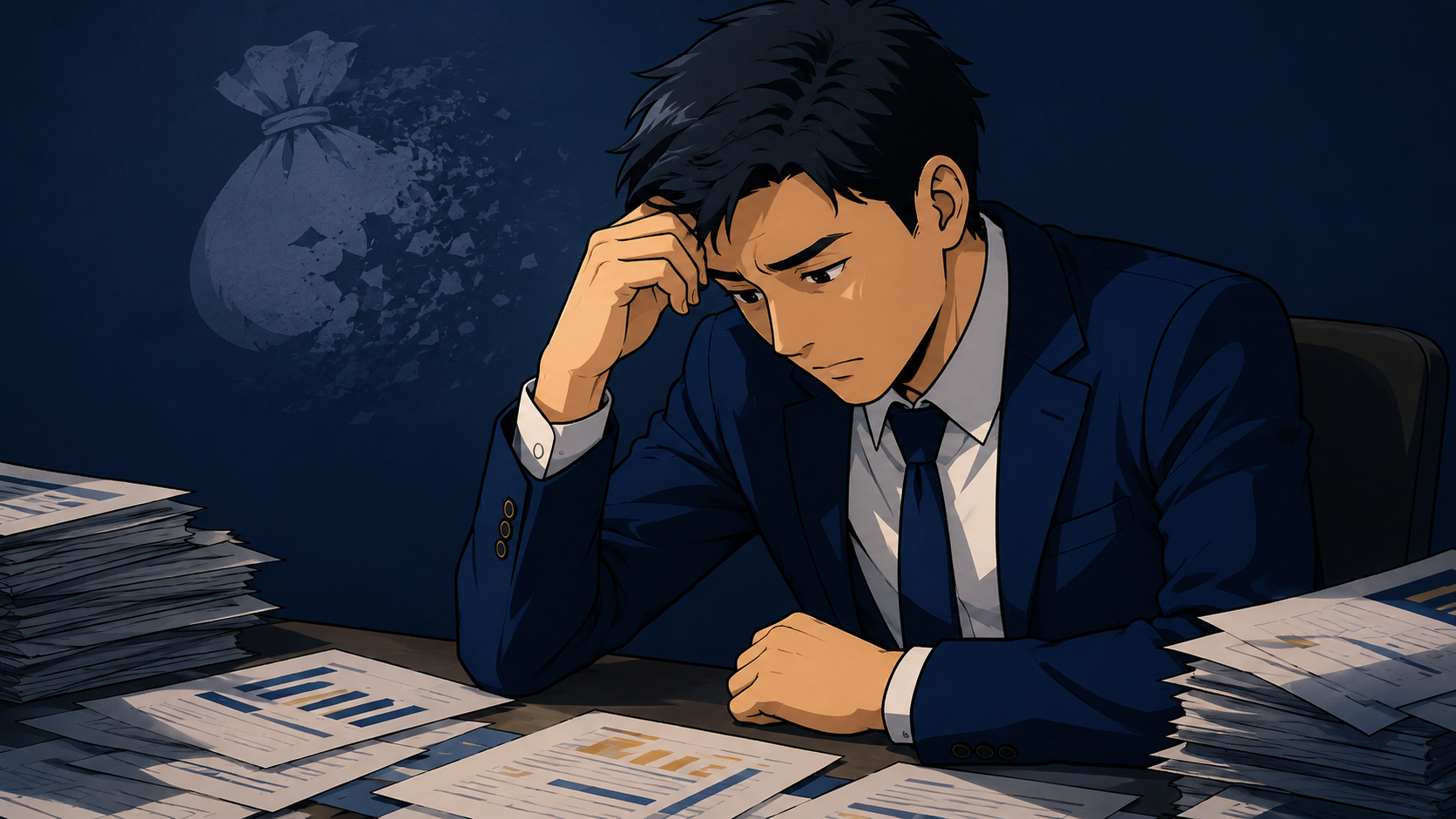コスト削減の書類を前に頭を抱える調達担当の会社員。経費削減の方針に違和感を感じる場面