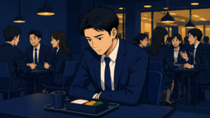 会社の食堂で一人テーブルに座る若い男性社員。周囲のグループから離れて食事をしている様子