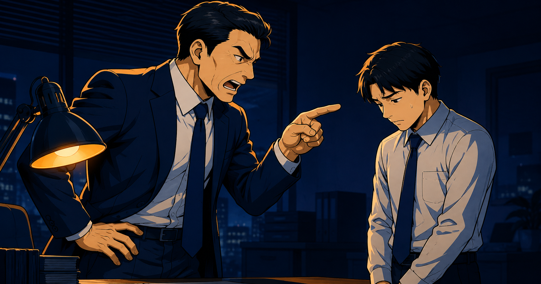 高圧的な上司から指示を受けて委縮する若い男性社員のイラスト