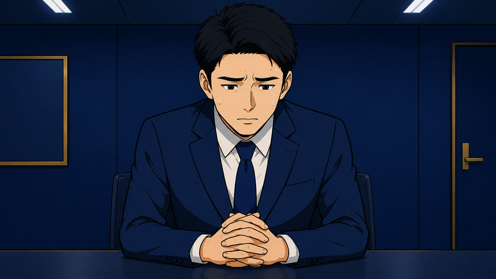 「転職面接で緊張している男性。面接官を前に言葉に詰まっている様子」