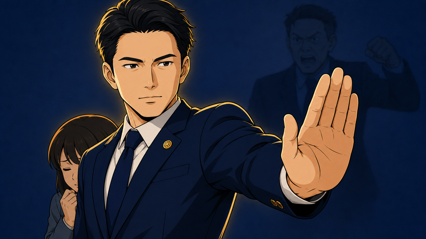 弁護士法人ガイアの退職代行を象徴する、社員を守る弁護士のイラスト