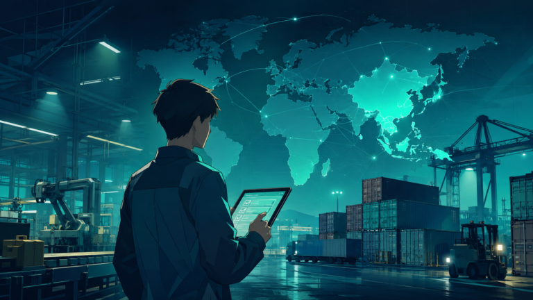 世界地図とコンテナや工場を背景にタブレットを操作するビジネスパーソンを描いた、海外取引・グローバル現場の実務のイラスト