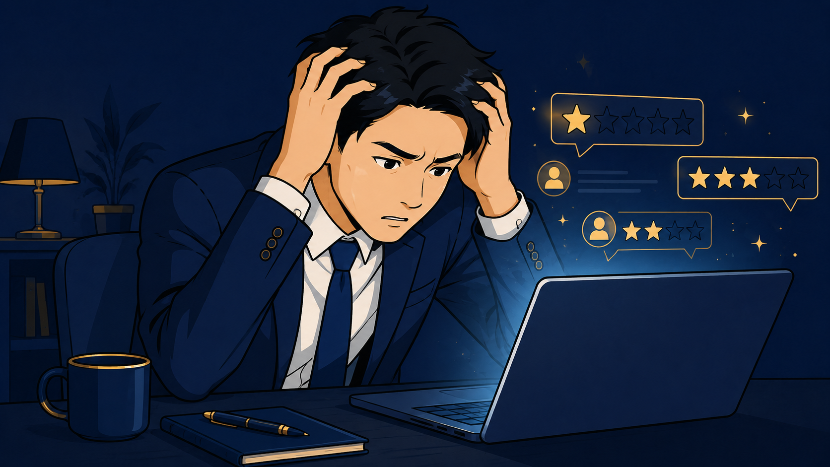 自宅のパソコンで企業の口コミを調べるも、ほしい情報が見つからず頭を抱える男性。OpenWorkや転職会議の信憑性に悩む様子