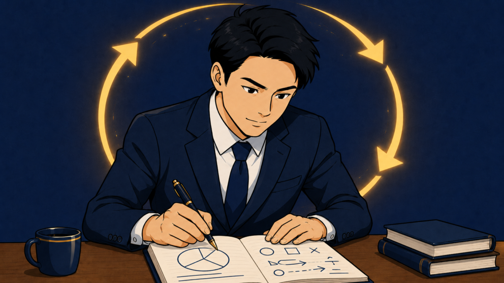 デスクで手帳に書き込む20代後半の会社員。背景にPDCAの循環を表す4つの矢印が回っている