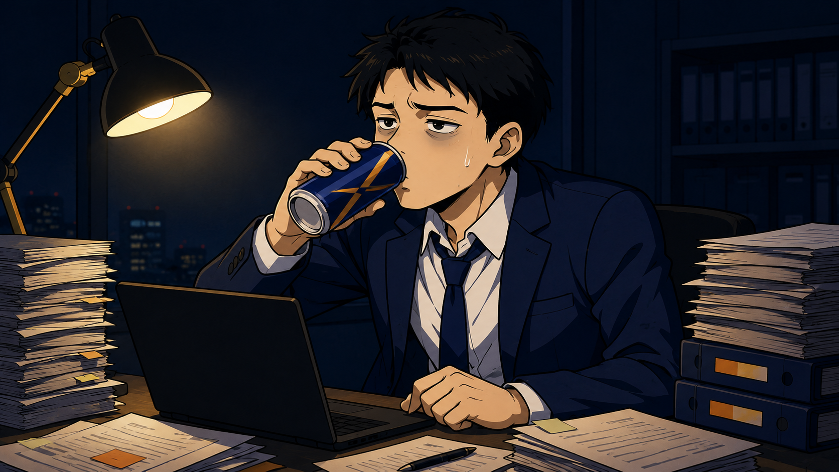 深夜のデスクで目の下にクマを作りながらエナジードリンクを飲んで働く男性会社員