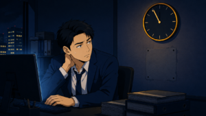 夜のオフィスで、タイムカードのない壁の前で時計を見ながら残業する会社員