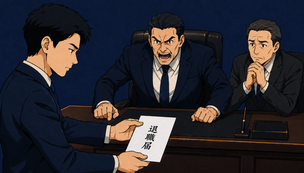 退職届を差し出す若手社員と、怒りをあらわにする社長、心配そうに見守る上司。円満退職が難しい場面を表したイラスト