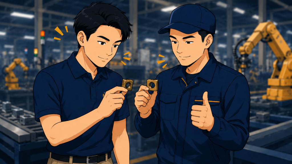 海外工場の生産ラインで、発注側の担当者と工場の検査担当が同じ限度見本を手に製品を照合する様子。双方が同じ現物を持って合否基準を揃える運用
