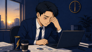 早朝のデスクで強い眠気と戦う20代の会社員。睡眠不足で頭が回らない様子