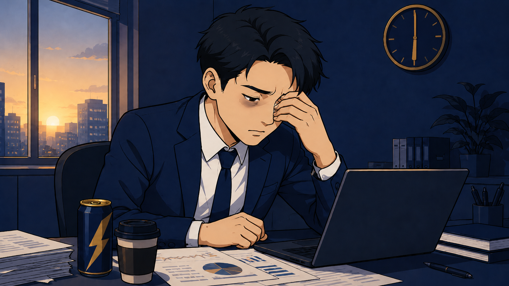 早朝のデスクで強い眠気と戦う20代の会社員。睡眠不足で頭が回らない様子
