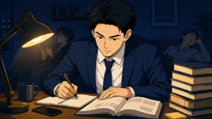 夜の自宅で参考書を前に学ぶ20代の会社員。多くの大人が勉強しない中で学び続ける様子