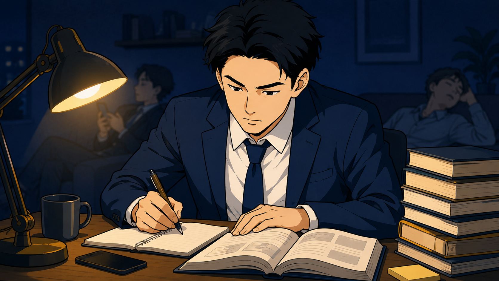 夜の自宅で参考書を前に学ぶ20代の会社員。多くの大人が勉強しない中で学び続ける様子
