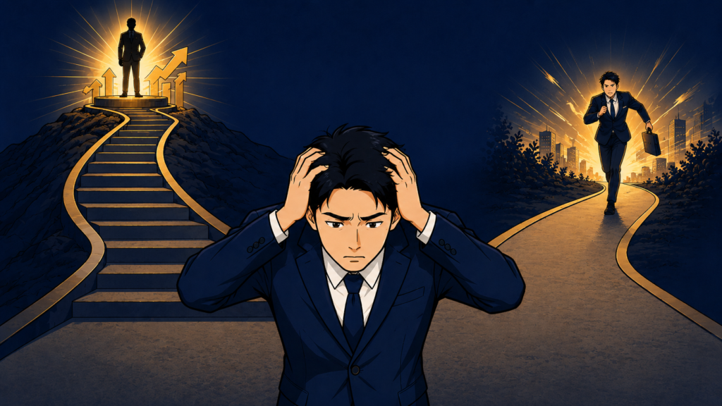 管理職を選ぶか、管理職を断るか、について頭を抱えて悩んでいる男性