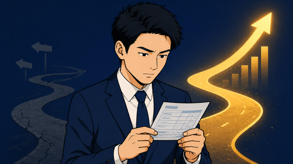 給与明細を見つめ、明るい方の道へ進むか考える若手会社員。年収は業界で決まることを象徴