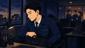 夕方のオフィスで一人、帰り支度の手を止めて窓の外を見つめ、ため息をつく疲れた様子の男性会社員