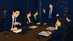 会議室で起立した発表者が長い説明を続け、出席者の何人かが退屈そうにしている様子。話が長い人に時間を奪われる職場のイメージ