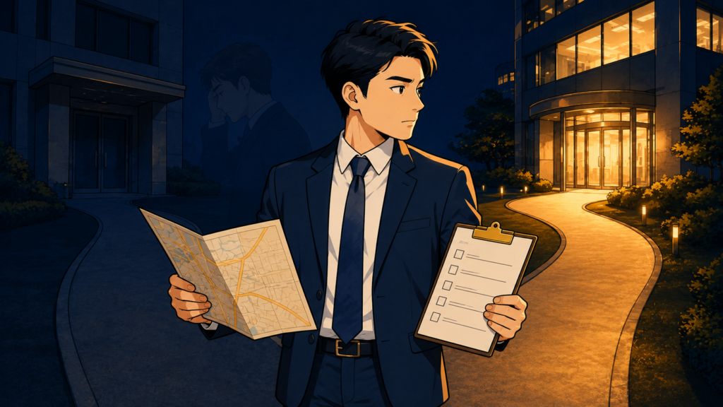 分かれ道で地図とチェックリストを手に、2つの会社を見比べる男性会社員。転職の後悔を越えて会社を見極める様子