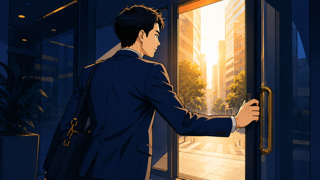 オフィスのガラスドアを開け、朝の街の光に向かって一歩踏み出す若い会社員。退職を経て新しい道へ進む前向きな様子