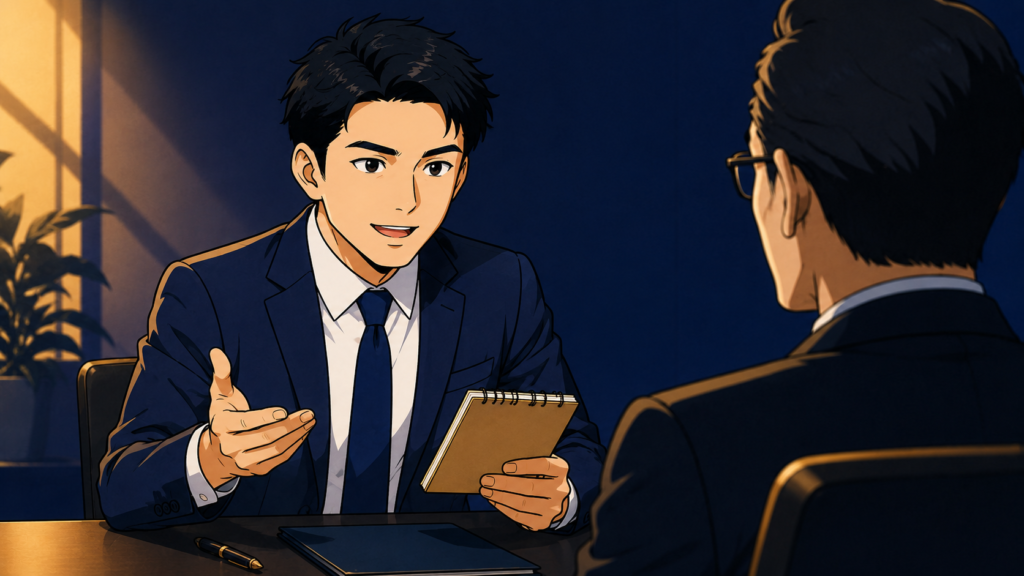 面接で机を挟み、面接官に前向きに逆質問をする20代後半の男性会社員。手元にはメモ帳