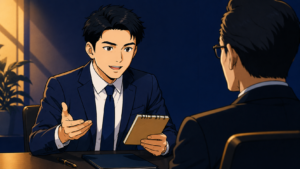 面接で机を挟み、面接官に前向きに逆質問をする20代後半の男性会社員。手元にはメモ帳