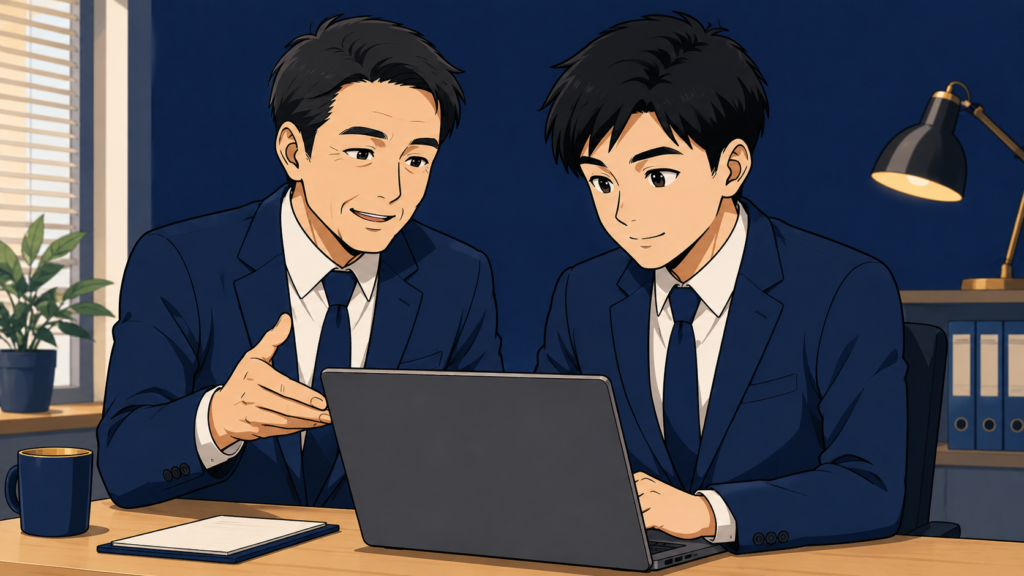 昼のオフィスで先輩社員が後輩に優しく仕事を教える様子。1台のパソコン画面を一緒に見ている