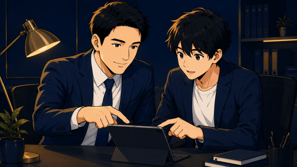 オフィスでZ世代の部下と1対1で、タブレットを一緒に見ながらやさしく仕事を教える30代の先輩社員のイラスト