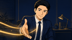 Z世代の部下へ歩み寄ろうと、笑顔で握手の手を差し出す30代の先輩社員のイラスト