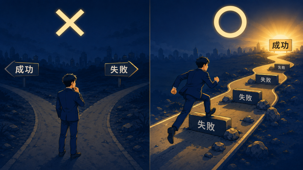 成功と失敗は分かれ道ではなく、成功までの一本道の途中に失敗があることを表す比較イラスト