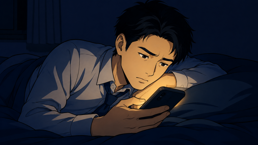 深夜の布団の中でスマホの明かりに照らされながら検索する疲れた若手会社員