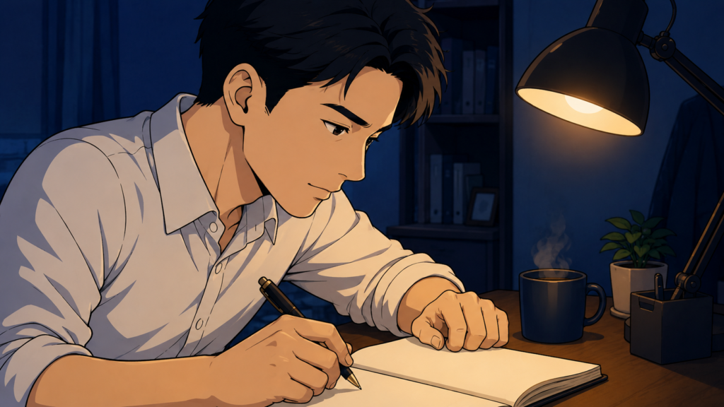 夜の自室でノートを開き、これからの働き方を書き出そうとする20代の会社員。ダメな二代目社長の会社から動き出す決意を固める場面