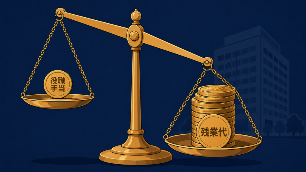 小さな役職手当と大きな残業代を天秤にかけるイラスト。役職手当より消える残業代の方が大きい名ばかり管理職の構造