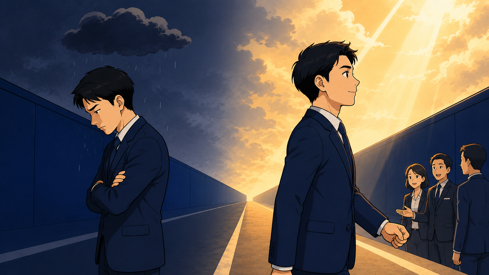 同じ壁の前で、下を向くネガティブな会社員と、前を向いて歩き出し人が集まり始めるポジティブな会社員の対比イラスト