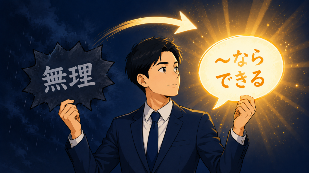 「無理」というネガティブな口ぐせを「〜ならできる」というポジティブな言葉に言い換える会社員のイラスト