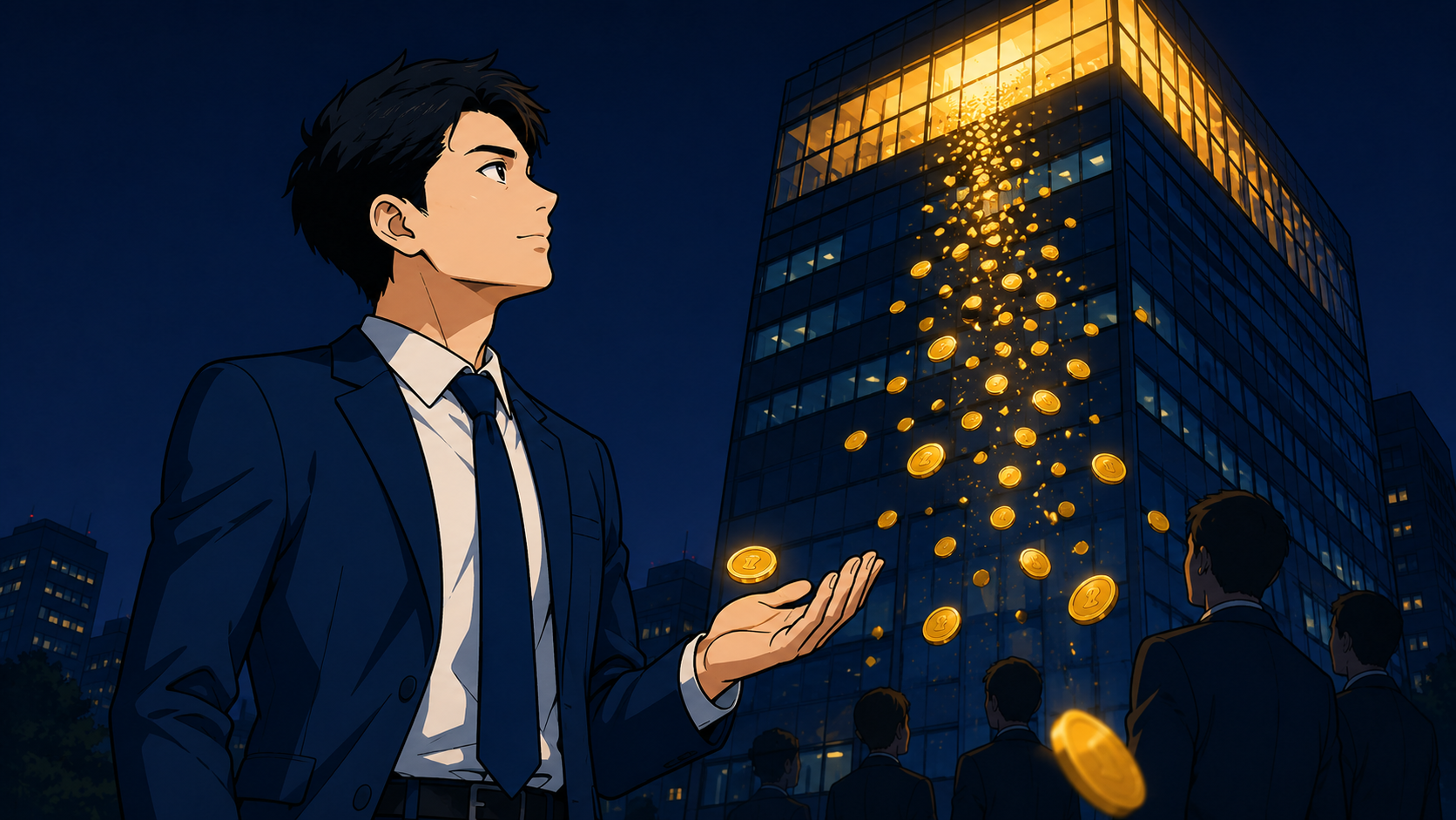 夜のオフィス街で、ビルの上層から株主へ流れていく金貨を見上げる会社員。会社は誰のものかという仕組みに気づいた場面