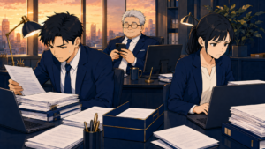 明るいオフィスで一人だけ手を止めてスマホで遊んでいる中高年社員と、その周りで忙しく働く若手社員。働かないおじさんが生まれる職場の構図