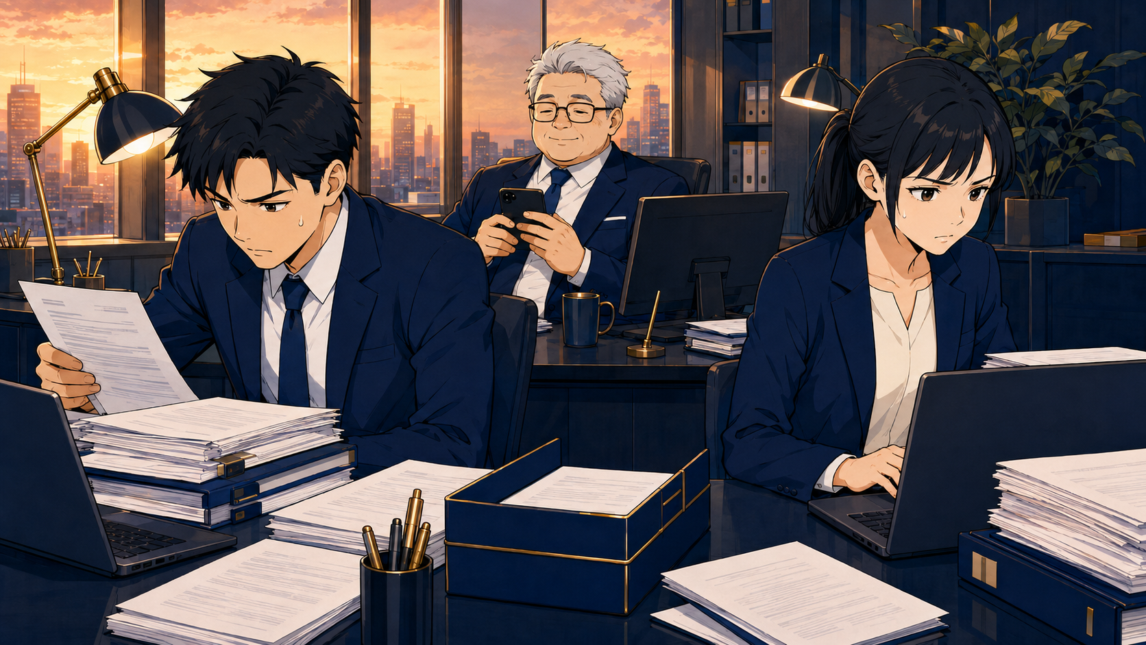 明るいオフィスで一人だけ手を止めてスマホで遊んでいる中高年社員と、その周りで忙しく働く若手社員。働かないおじさんが生まれる職場の構図